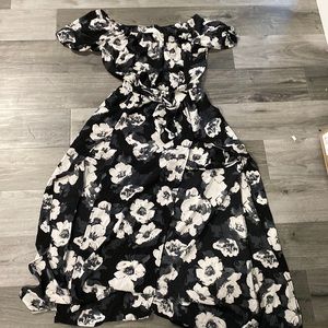 NWT floral black white off the shoulder romper with long double slit skirt 2x